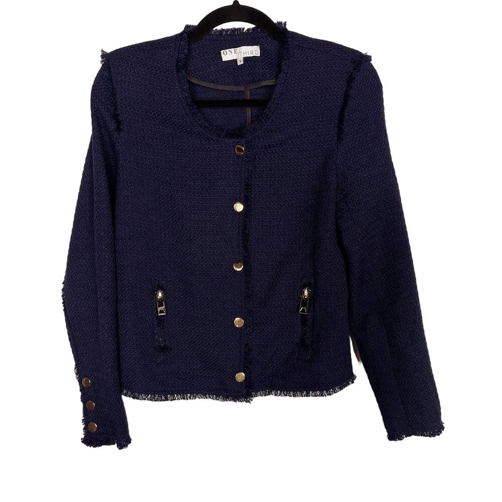 One Third S Navy Blue Tweed Fringe Trim Blazer Jacket 01 Zip Front Collarless